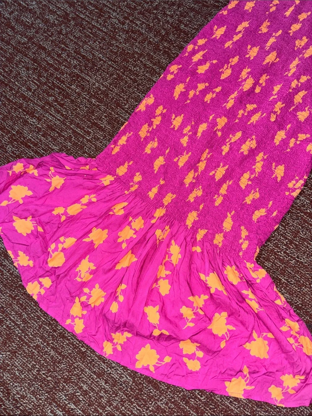 Anthropologie dress magenta smocked floral bell hem removable strap fitted med